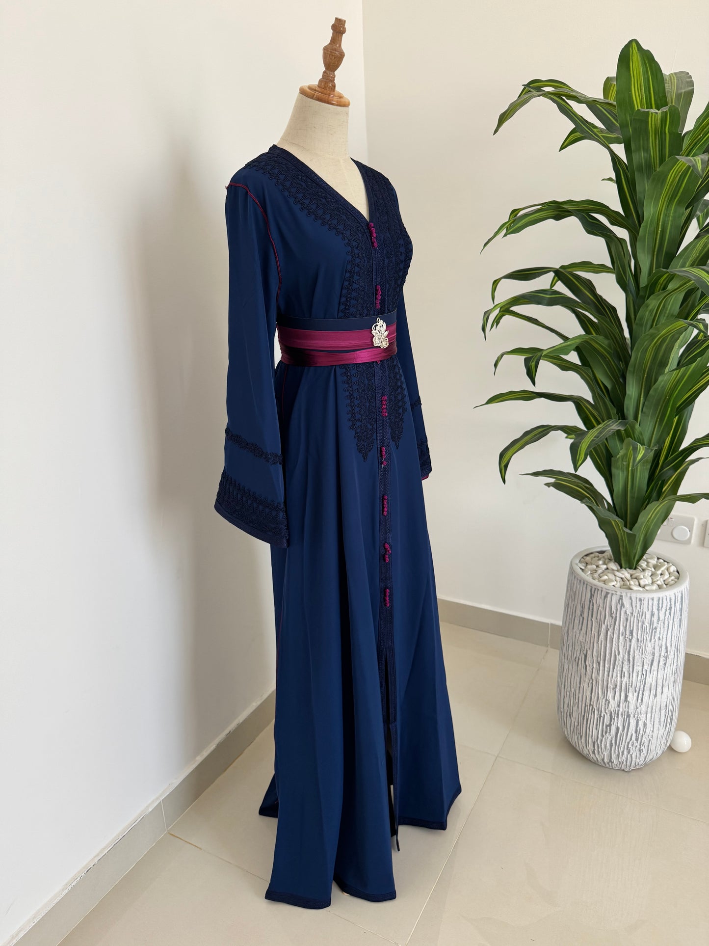 Elegant Navy Blue Kaftan with Traditional Design and Pink Waist Belt