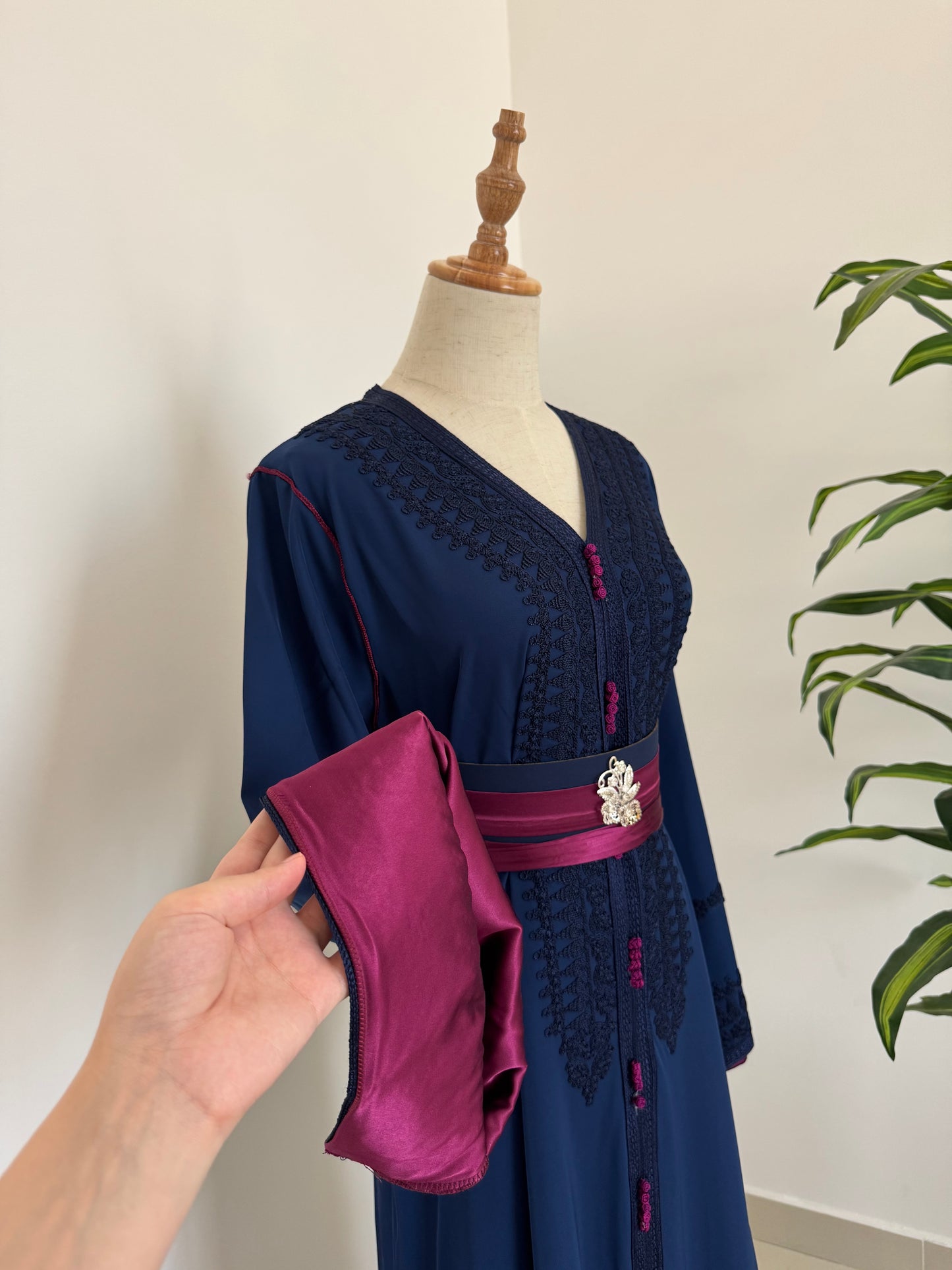 Elegant Navy Blue Kaftan with Traditional Design and Pink Waist Belt