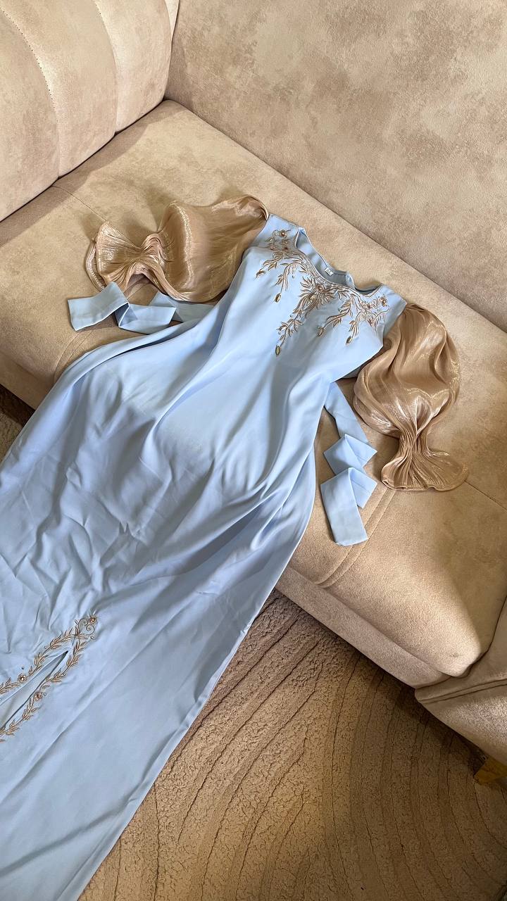 Elegant Dress with Gold Embroidery – Premium Crepe Fabric