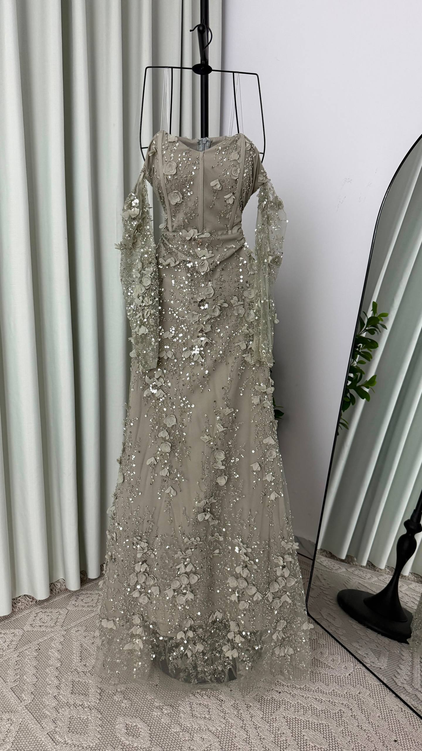 MNG Royal Evening Dress with Draped Sleeves and 3D Floral Embroidery