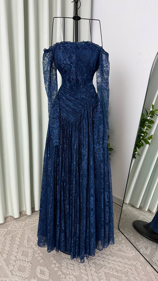 MNG Royal Navy Blue French Lace Luxury Evening Gown with Off-Shoulder Design and Ruched Waist