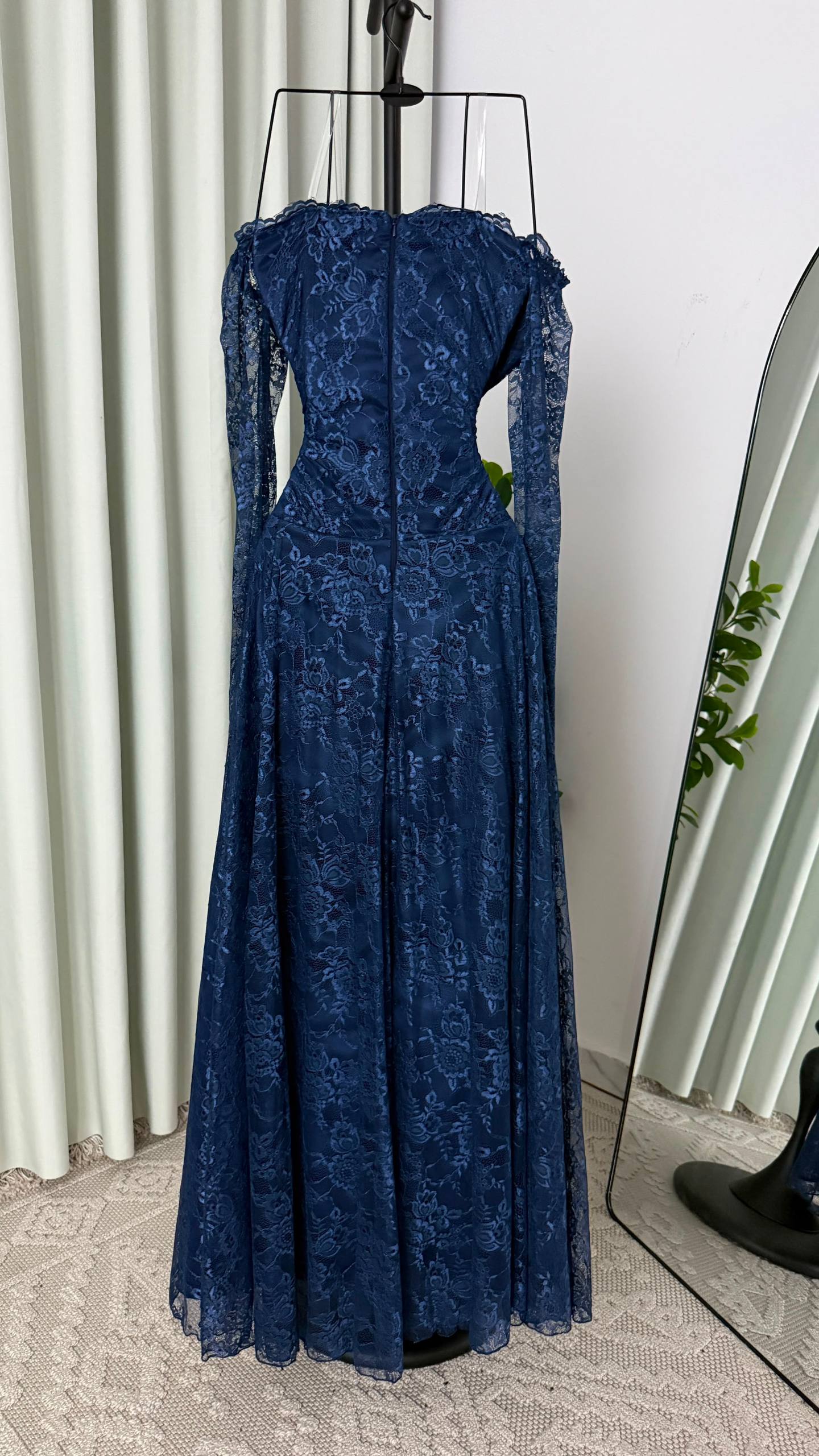 MNG Royal Navy Blue Evening Dress in Luxurious French Lace with Off-Shoulder Design and Wrapped Waist