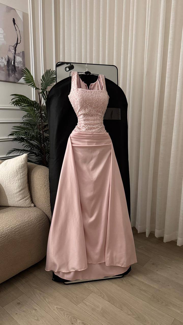 KN Elegant Pink Evening Dress with Refined Design, Upper Embroidery and Flowing Satin Skirt