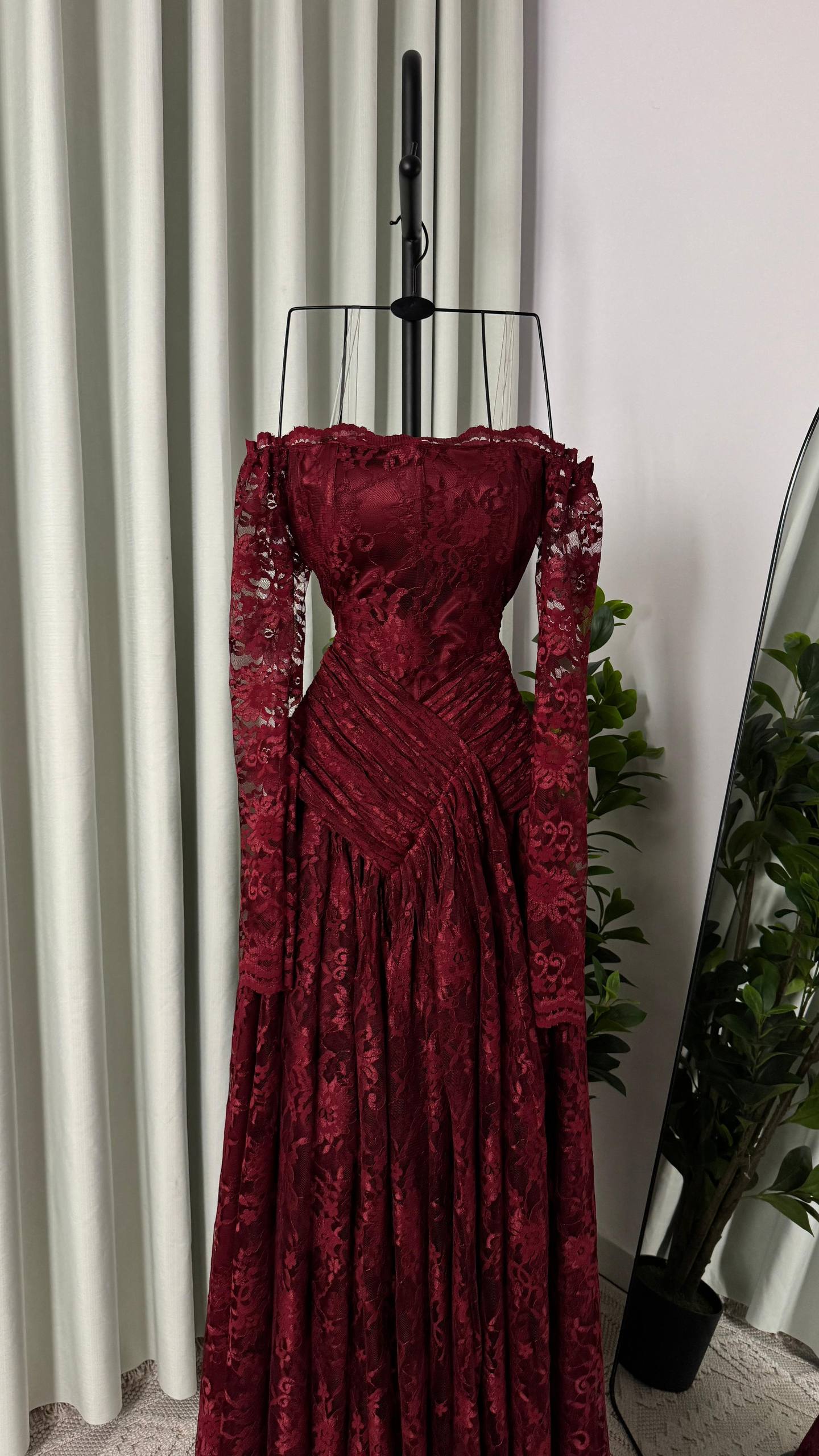 MNG Royal Navy Blue Evening Dress in Luxurious French Lace with Off-Shoulder Design and Wrapped Waist