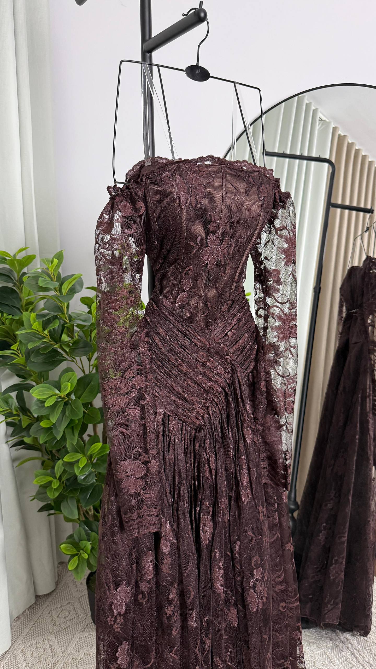 MNG Royal Navy Blue Evening Dress in Luxurious French Lace with Off-Shoulder Design and Wrapped Waist