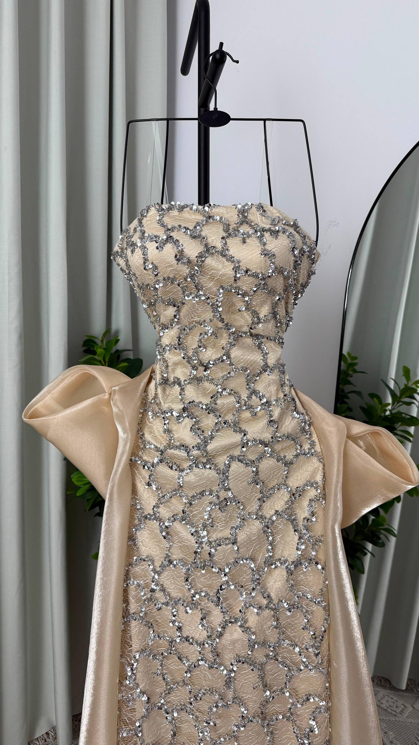 MNG Luxurious Crystal-Embellished Evening Dress in Champagne with Integrated Back Cape