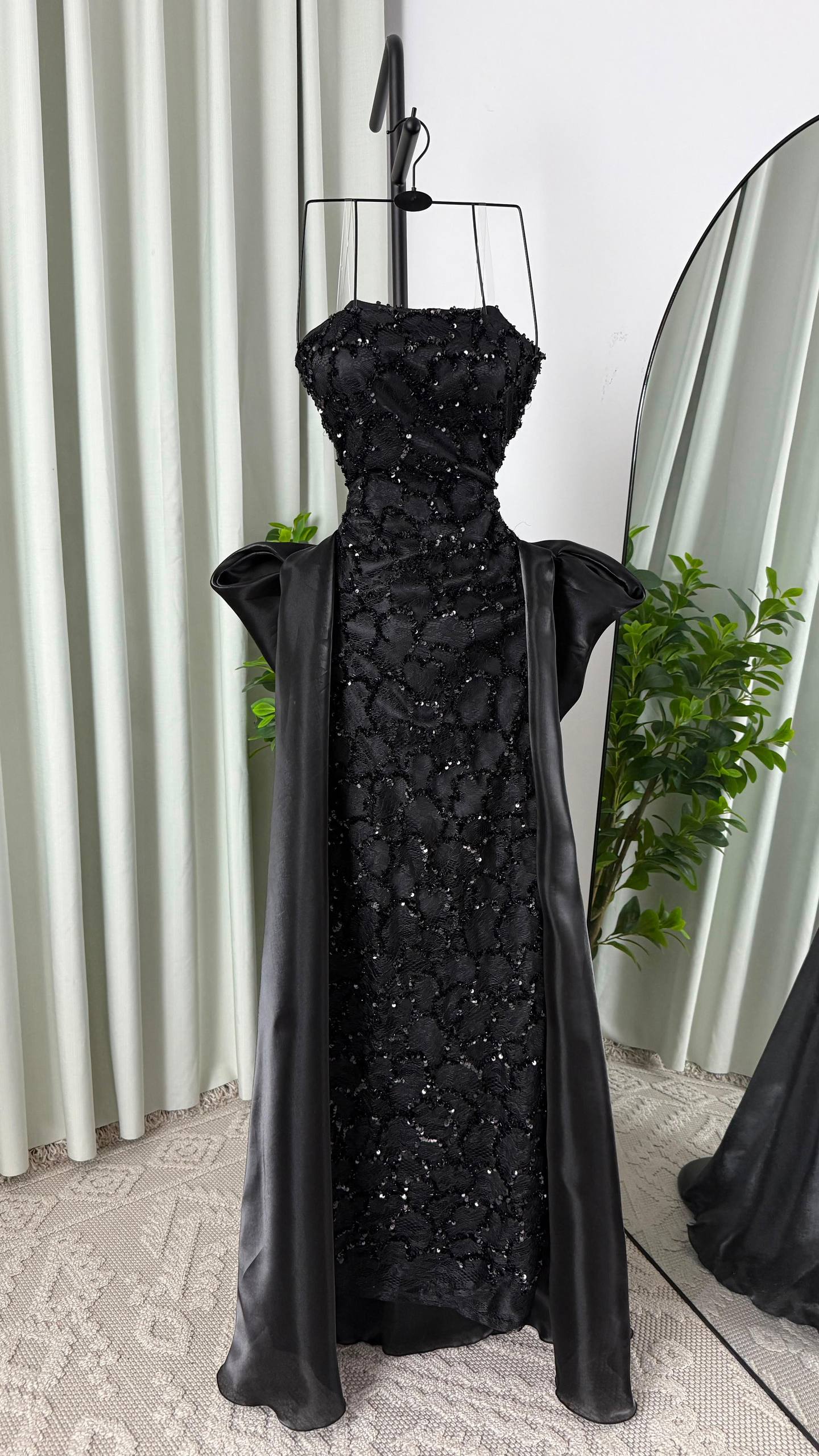 MNG Luxurious Crystal-Embellished Evening Dress in Champagne with Integrated Back Cape