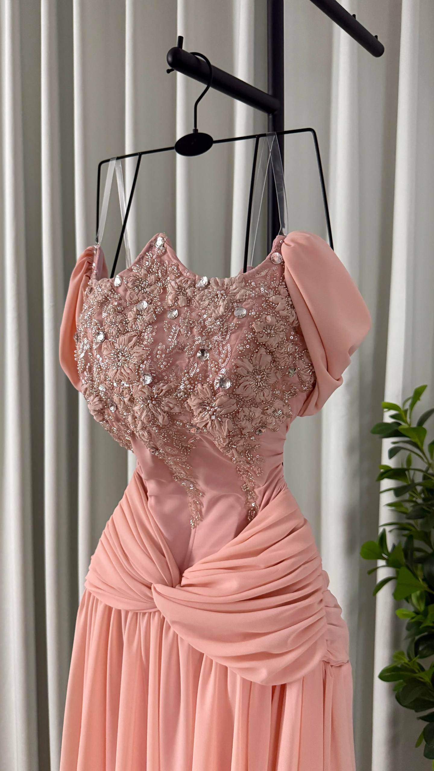 MNG Peach Chiffon Gown with Beaded Trim