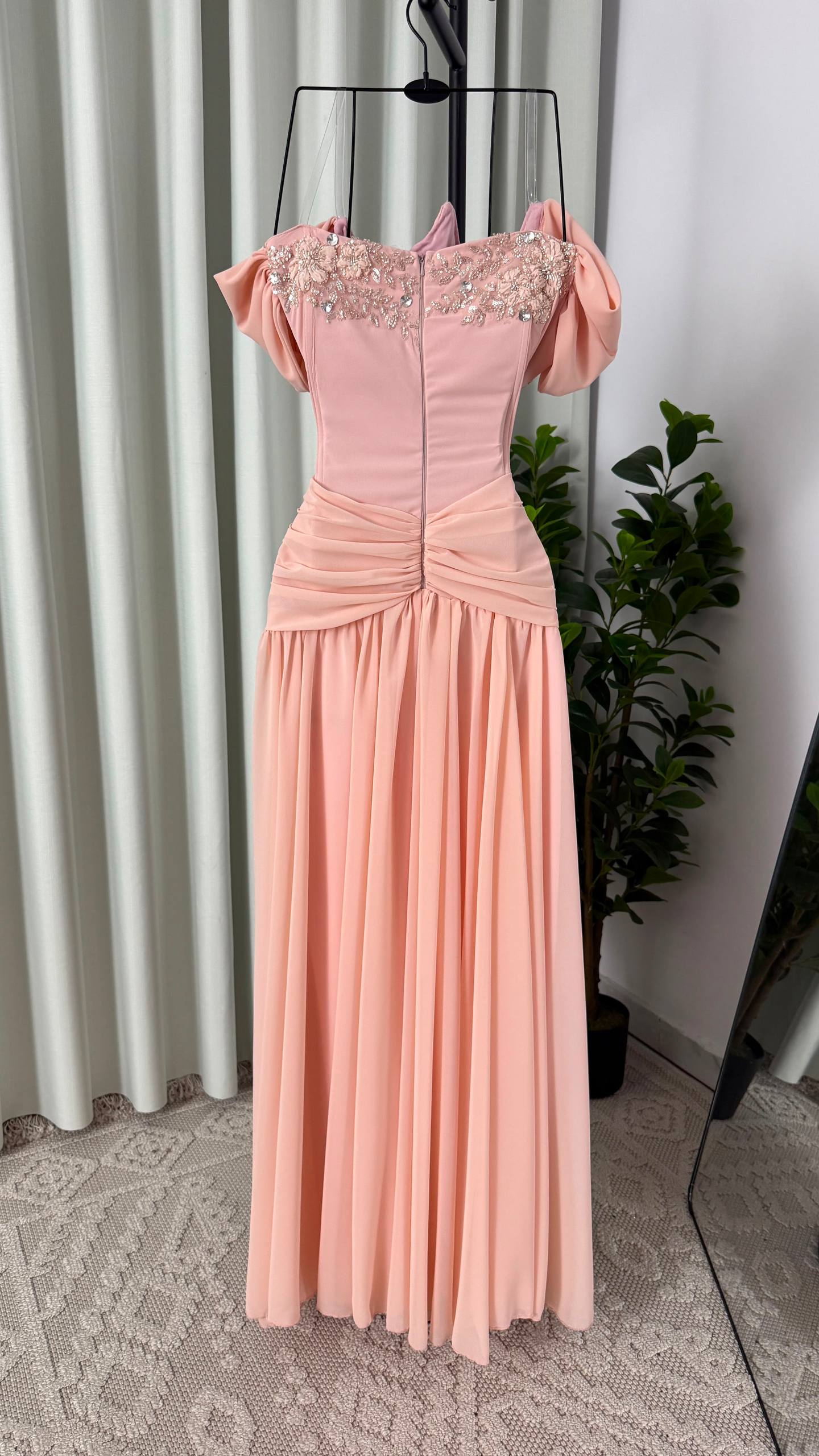MNG Peach Chiffon Gown with Beaded Trim