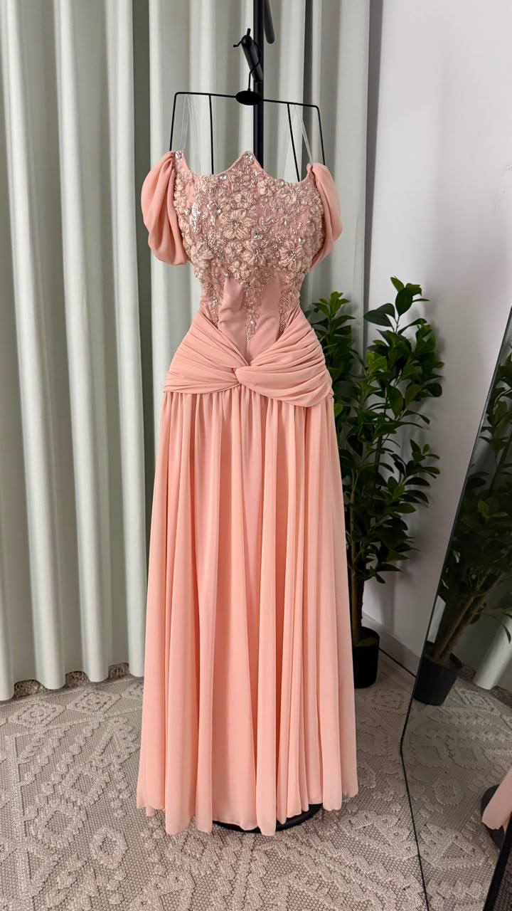 MNG Peach Chiffon Gown with Beaded Trim