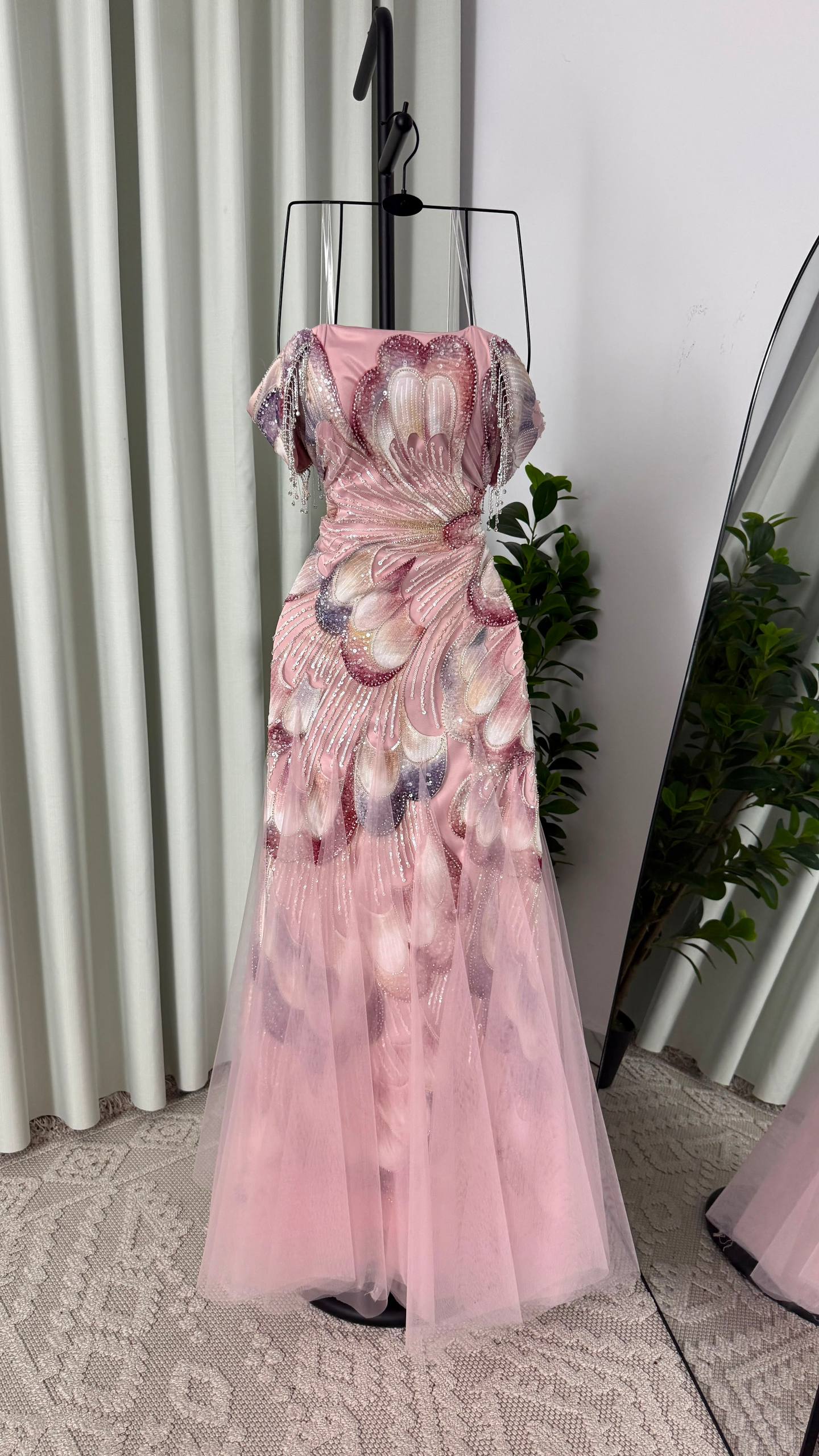 MNG Hand-Embroidered Evening Dress with 3D Flower Petal Design in Light Rose