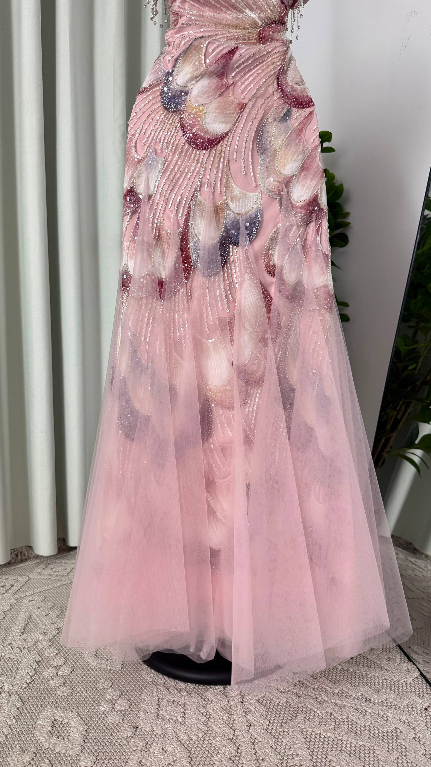 MNG Hand-Embroidered Evening Dress with 3D Flower Petal Design in Light Rose