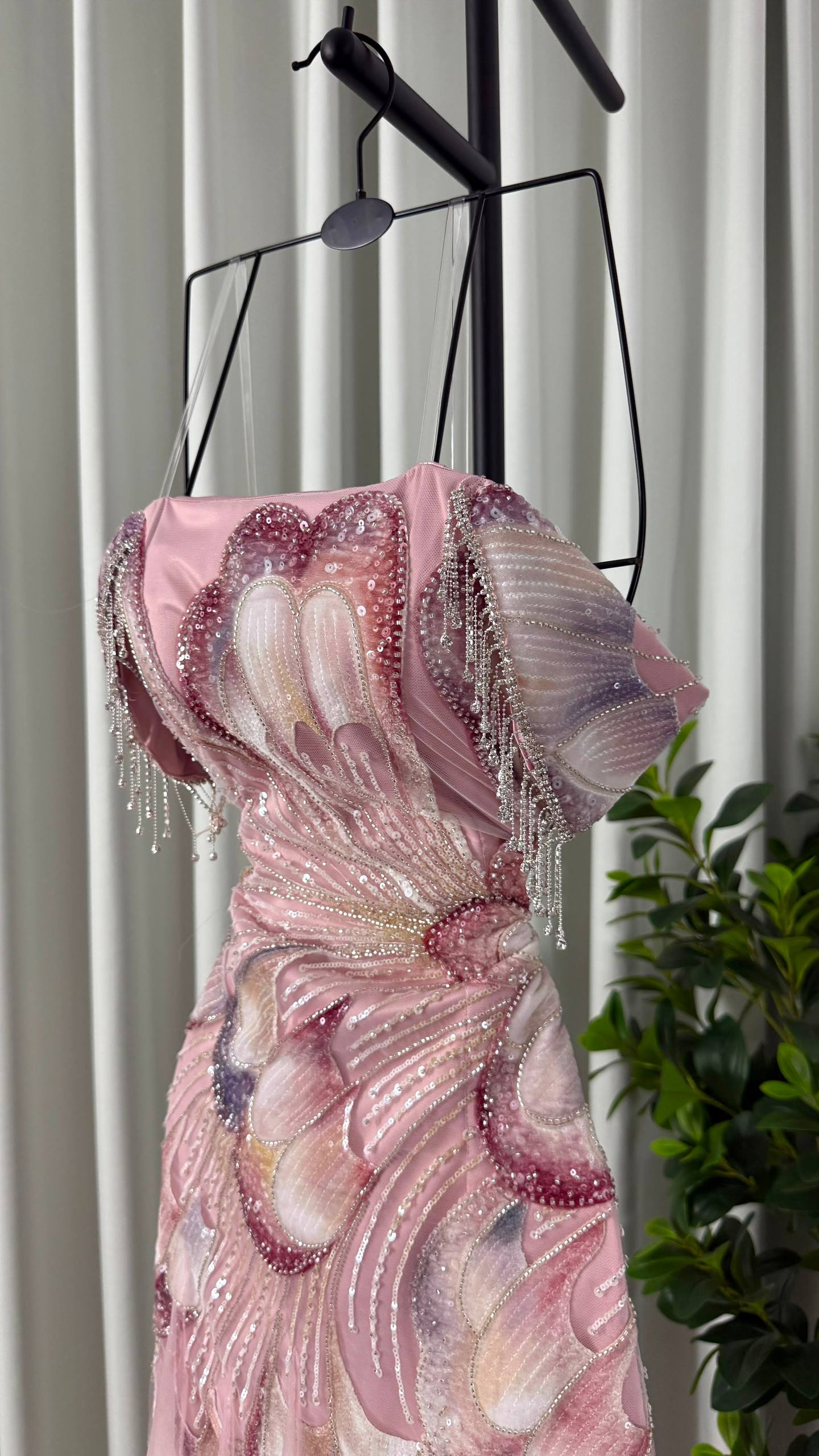 MNG Hand-Embroidered Evening Dress with 3D Flower Petal Design in Light Rose