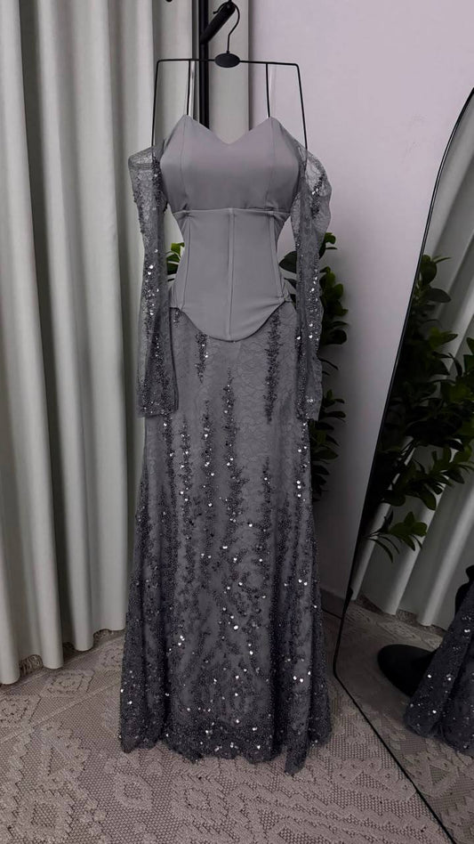 MNG Grey Luxury Barbie Evening Dress with Embroidered Corset Design and Shimmering Lace Layers