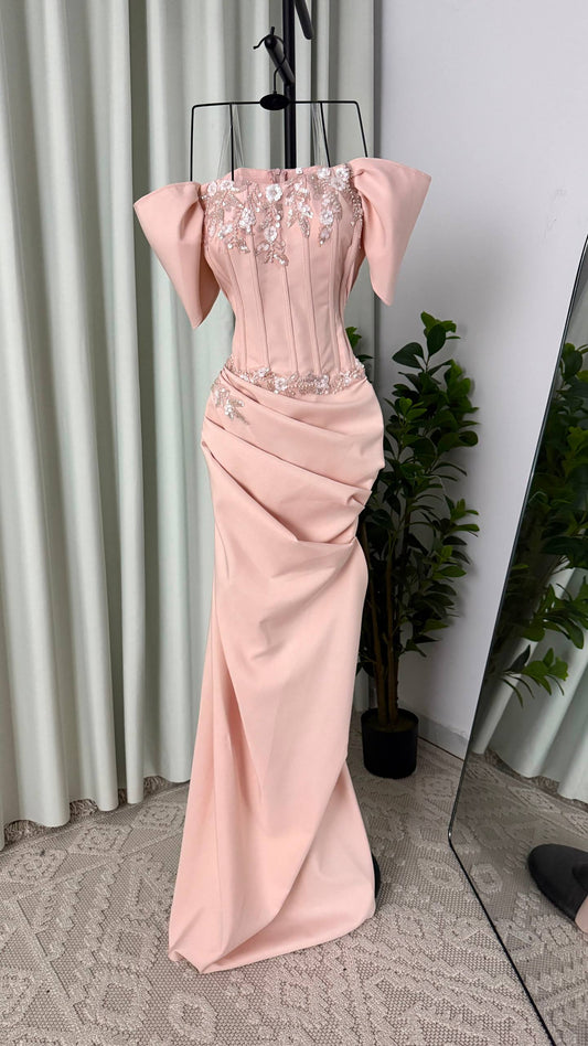 Mng12 Soft Pink Evening Dress with Corset Design and Luxurious Floral Embroidery