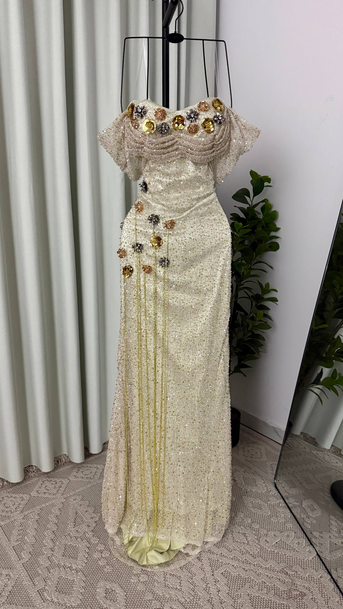 MNG13 Luxurious Evening Dress in Champagne and Gold with Raised Embroidery Embellishment