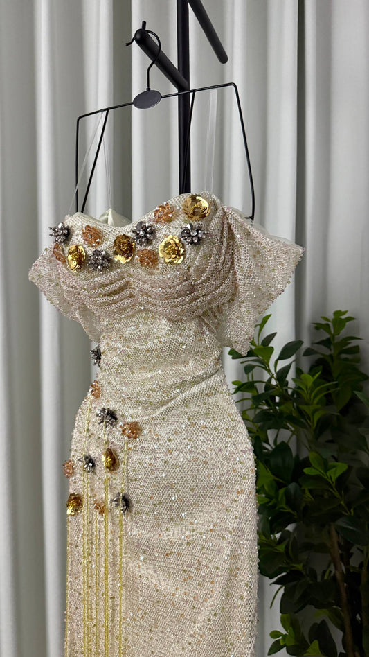 MNG13 Luxurious champagne and gold evening dress with prominent embroidery