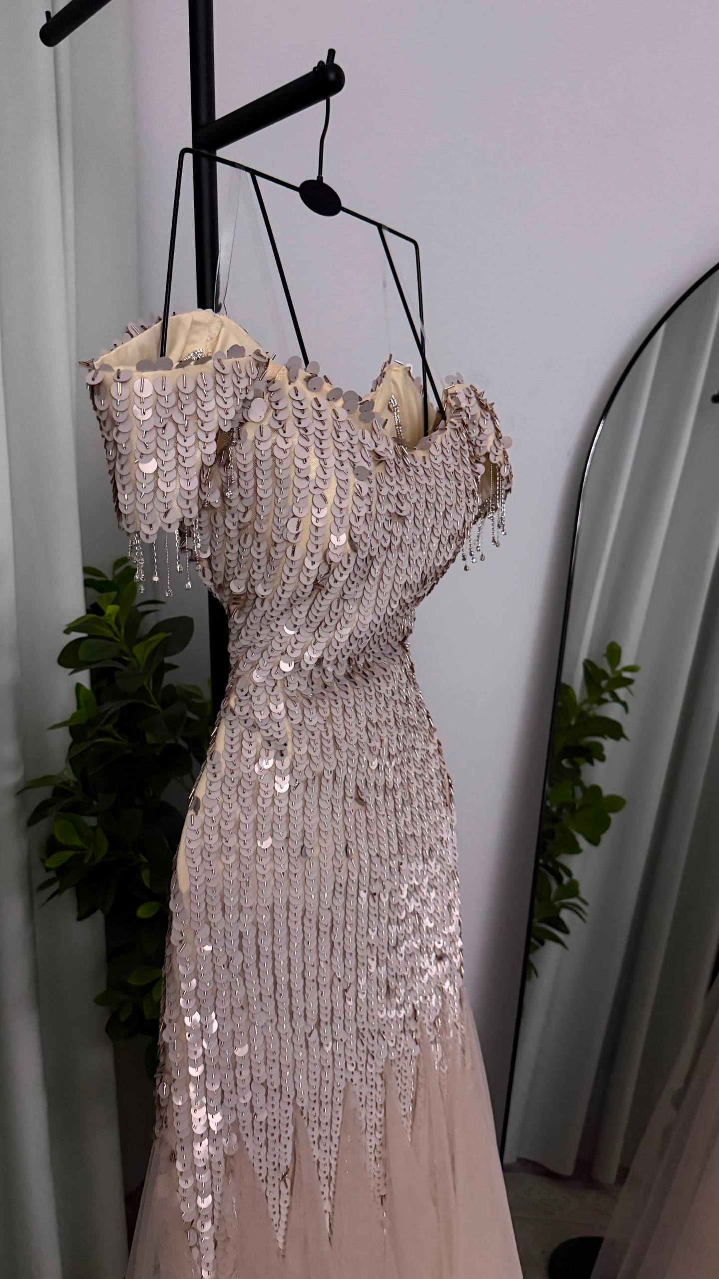 MNG10 Beautiful Beige Evening Dress with Tulle, Beading and Distinctive Sequins