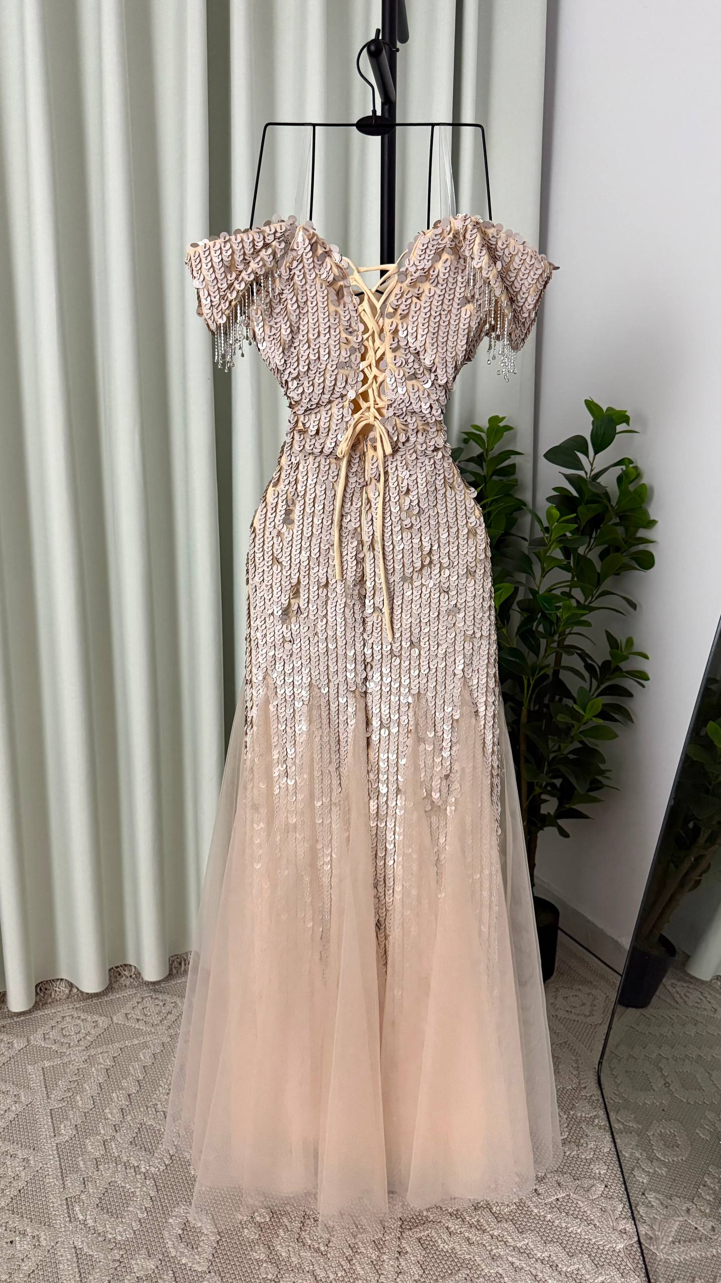 MNG10 Beautiful Beige Evening Dress with Tulle, Beading and Distinctive Sequins