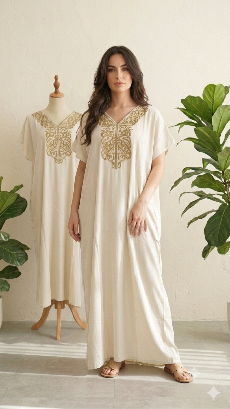 Sleeveless Cotton Summer Home Dress with Gold Embroidery