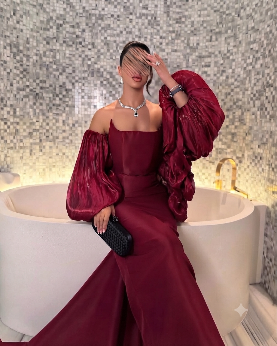 KN04 Elegant Red Evening Dress in Shantung with Crinkle and Long Shawl