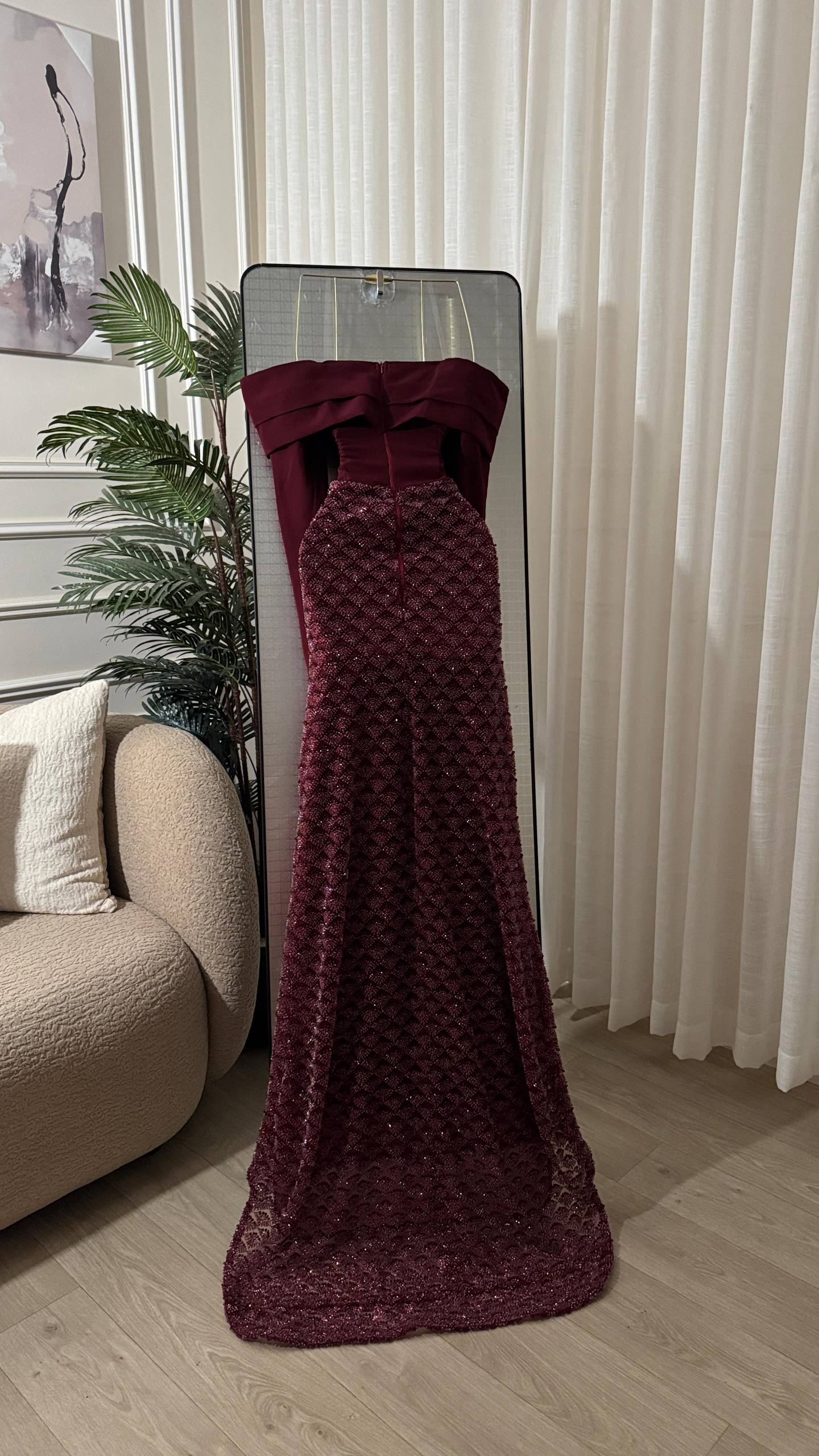 KN09 Dark Red Long Dress with Barbie Pleats and Heavy Luxury Diamond Beading