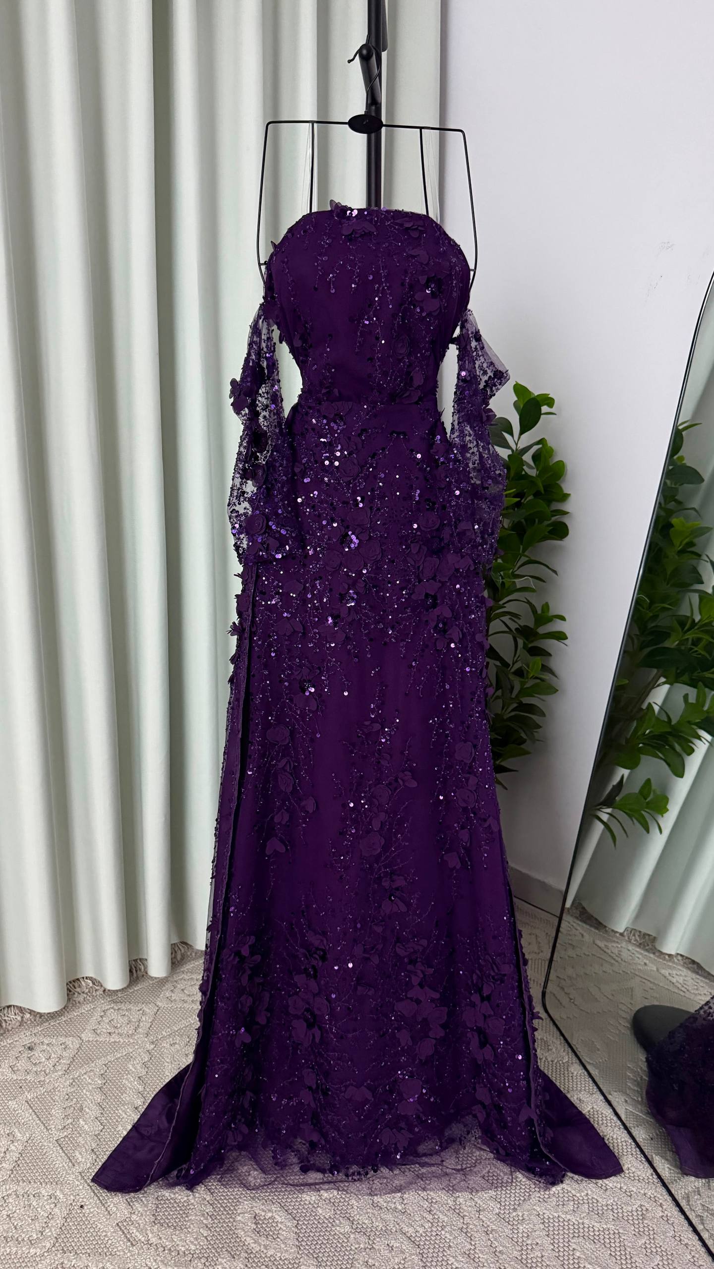 MNG Royal Evening Dress with Draped Sleeves and 3D Floral Embroidery