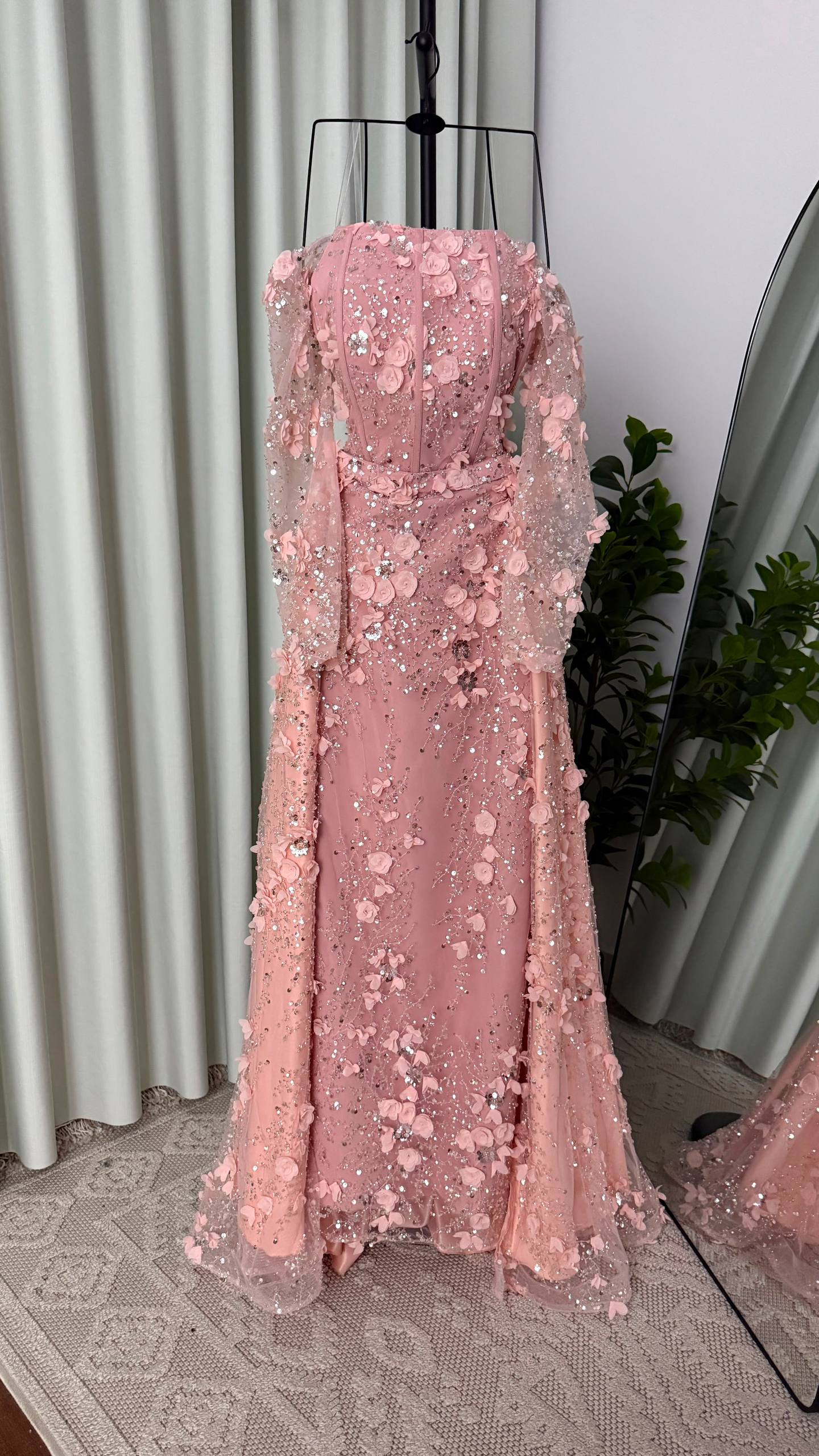 MNG Royal Evening Dress with Draped Sleeves and 3D Floral Embroidery