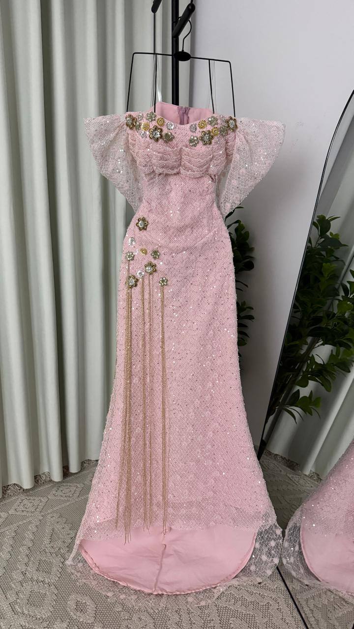 MNG13 Luxurious Evening Dress in Champagne and Gold with Raised Embroidery Embellishment