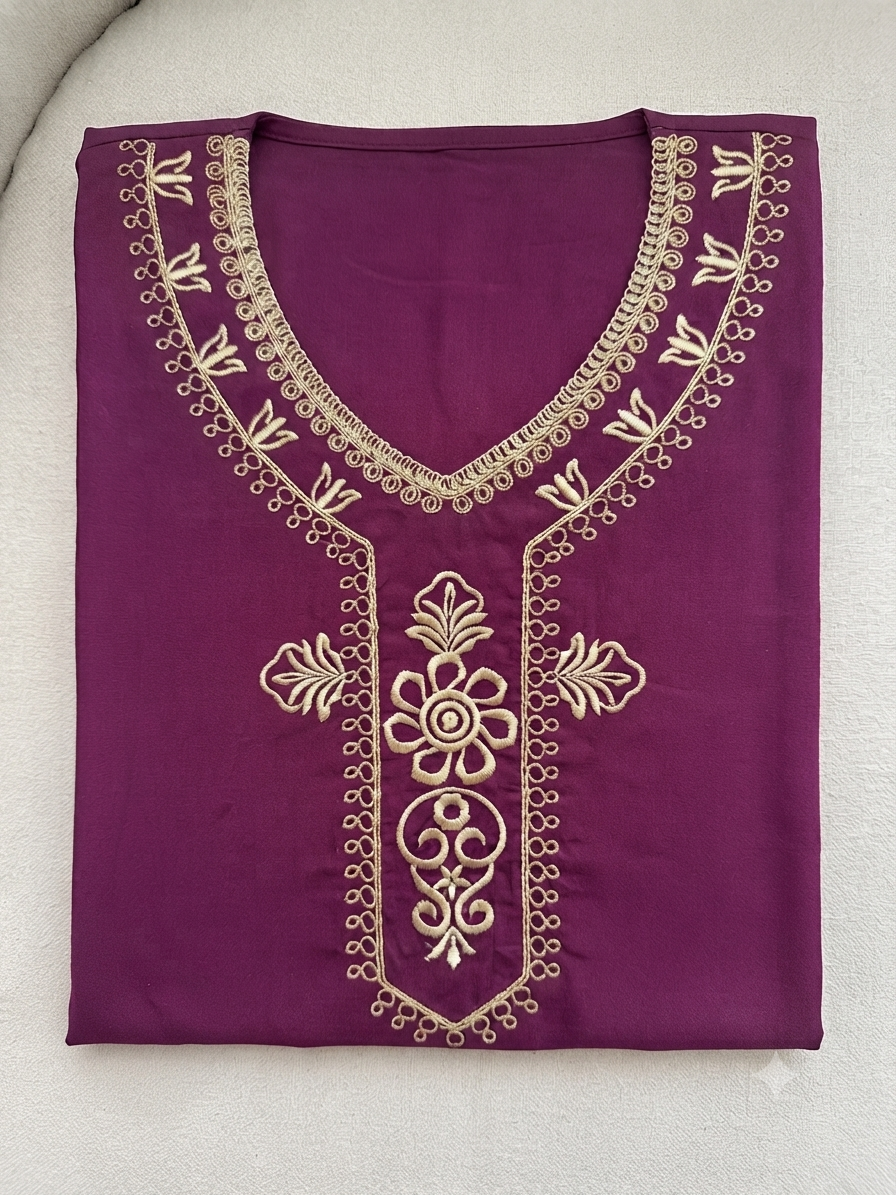Comfortable Home Dress in Cotton Fabric with Gold Embroidery