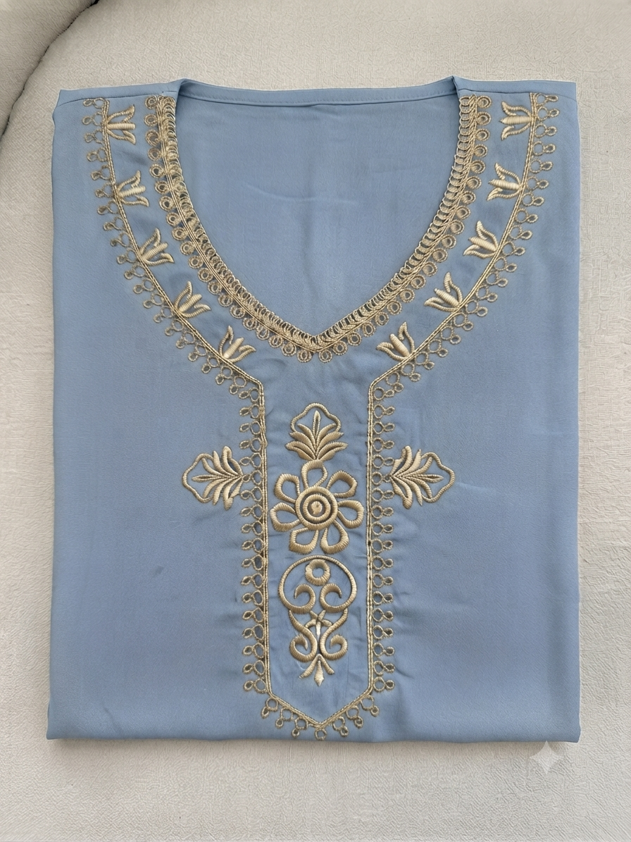 Comfortable Home Dress in Cotton Fabric with Gold Embroidery