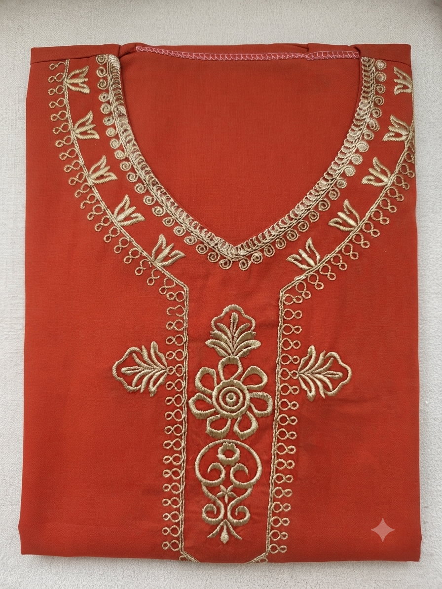 Comfortable Home Dress in Cotton Fabric with Gold Embroidery